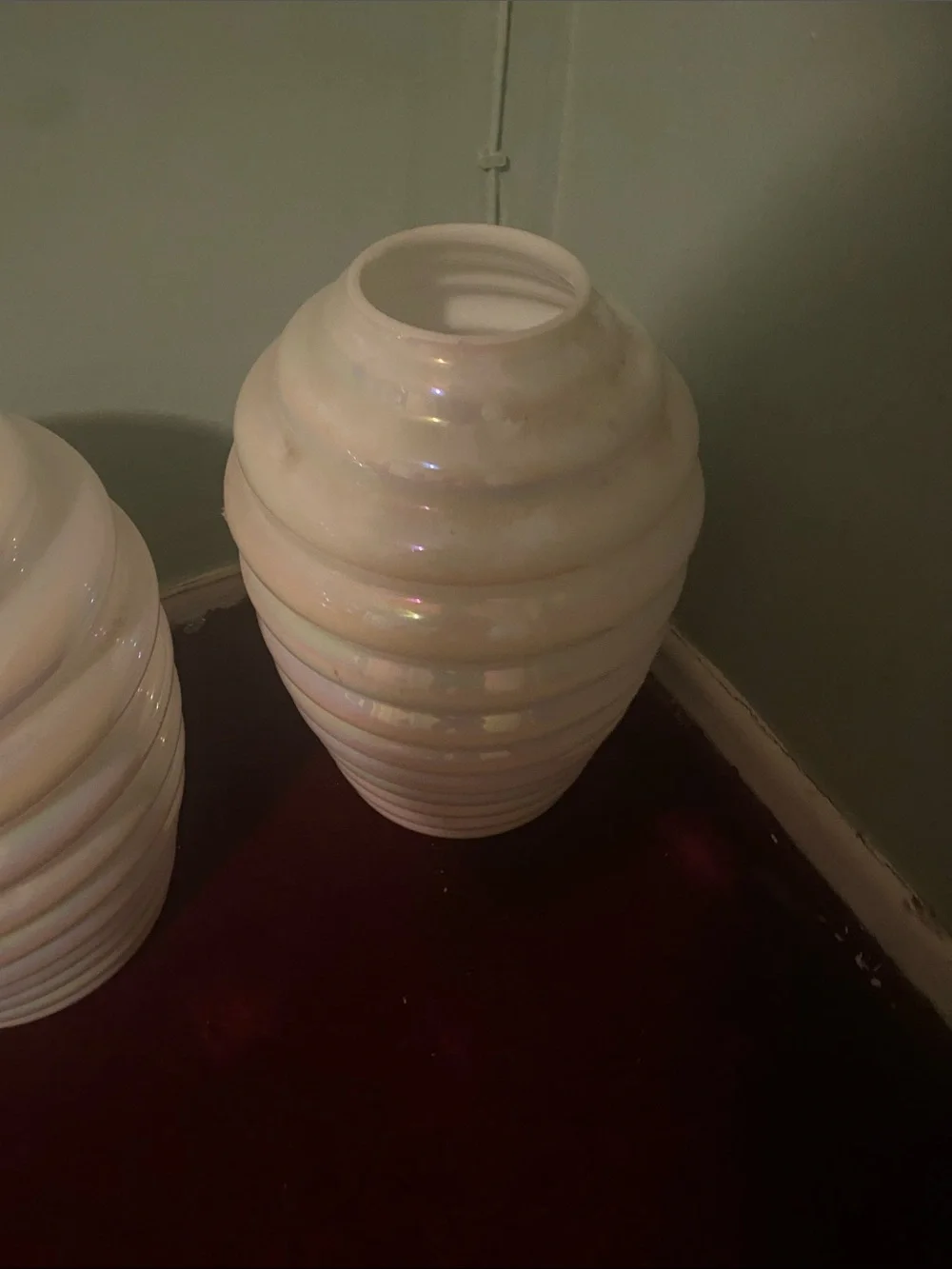 Vintage Iridescent White Ribbed Ceramic Vase Pair - Unbranded